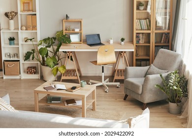 Wide Angle Background Image Of Cozy Home Office Interior With Wooden Decor, Copy Space