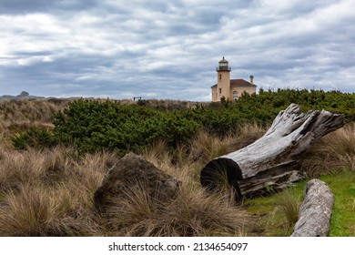 Wide angle distant view of Coquille River Lighthouse with large white puffy clouds and blue sky near Bandon Beach, Oregon, with foreground of wild grass and tree logs.