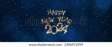 Wide Angle header Happy New Year 2024. Sparkling burning text Happy New Year 2024 on blue background. Beautiful creative luxury greeting card, holiday Web banner