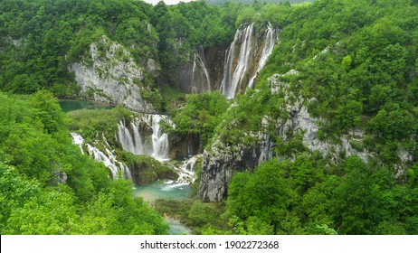 wide angle high shot of veliki slap waterfall at plitvice national park in croatia