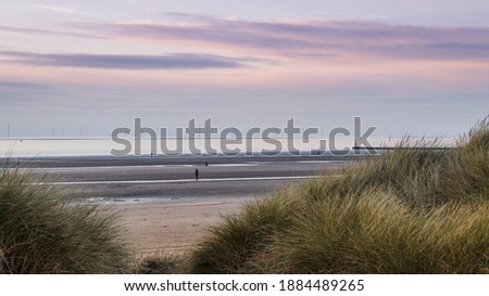 A wide angle image captured through the sand dunes on Crosby Beach of four of the figures which make up Another Place, an installation of one hundred iron figures created by Antony Gormley.