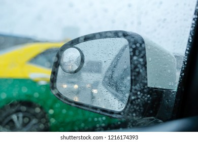 Wide angle lens for blind spot monitor on wing mirror car in rainy days.