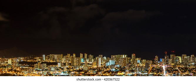 Wide Angle Panorama Aerial View Of Honolulu City Lights And Skyline At Night