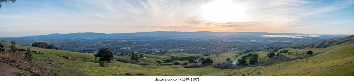 Wide Angle Panorama Of Silicon Valley With Downtown San Jose At Sunset