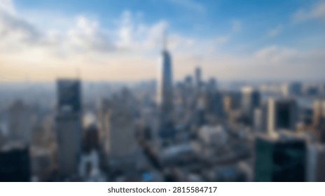 Wide angle panoramic view of Lower Manhattan skyscrapers and the Hudson River under a soft blue and orange twilight sky