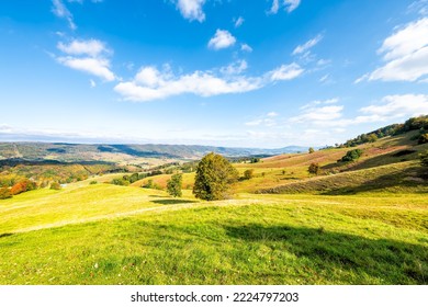 Wide Angle Panoramic View Of Rural Countryside Farm Rolling Hills Fall Autumn Trees In Appalachian Allegheny Mountains Pastoral Landscape In Highland County Virginia