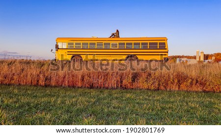 Wide angle, poetic shot of a man sitting on the top of a beautiful, bright yellow bus in the middle of the countryside. Sunny day.