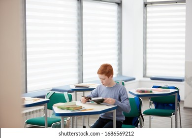 Wide Angle Portrait Of Cute Red Haired Schoolboy Sitting At Desk In Classroom And Reading Book Alone, Copy Space