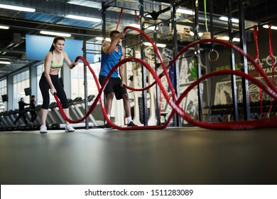 Wide angle portrait of fit couple exercising with battle ropes during strength workout in cross functional gym, copy space - Shutterstock ID 1511283089