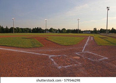 A wide angle shot of a baseball field.
