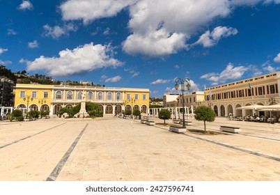 Wide angle shot of a beautiful Dionysios Solomos Square against blue sky in the island of Zakynthos, Greece