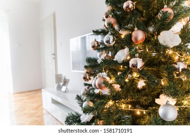 Wide Angle Shot Of Christmas Tree In Living Room