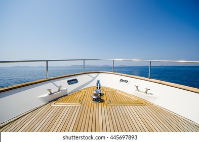 Wide angle shot of front of the yacht in summer time - Shutterstock ID 445697893