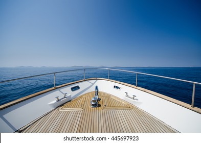 Wide angle shot of front of the yacht in summer time