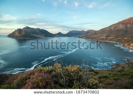 wide angle shot of Hout Bay taken from Chapmans Peak just after sunset