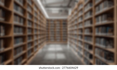 A wide angle shot of a library with rows of wooden bookshelves filled with books. The shelves are tall and reach the ceiling, creating a sense of depth and knowledge.