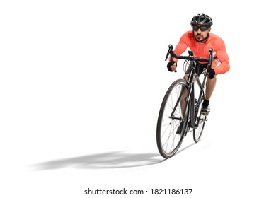 Wide Angle Side Shot Of A Professional Cyclist Riding A Road Bicycle Isolated On White Background