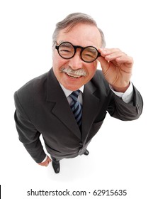 Wide Angle Top View Of A Happy Senior Man, Wearing Round Glasses