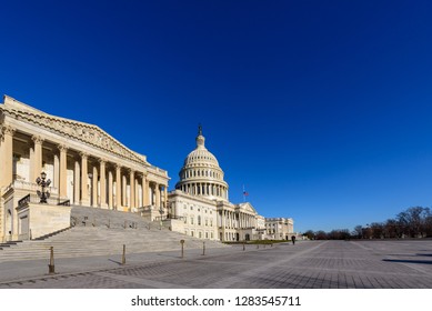 Wide Angle View Of Capitol Building In The Morning With Copy Space, Washington DC