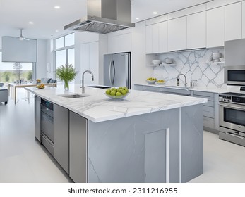 A wide angle view of contemporary modern kitchen idea design - Powered by Shutterstock