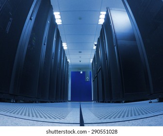 wide angle view data center in blue tone