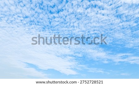Wide angle view Df cirrocumulus clouds spreading across a bright blue sky- Natural background for weather and nvironmental concepts.