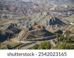 Wide angle view of Dogubayazit city in Agri and Ishak Pasha Palace