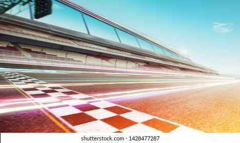 Wide Angle View Empty Asphalt International Race Track With Start And Finish Line , Speed Lighting And Motion Blur Effect Apply .