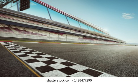 Wide angle view empty asphalt international race track with start and finish line , motion blur effect apply .