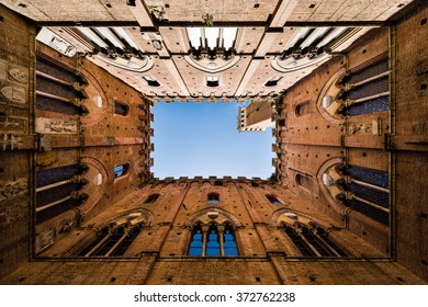 Wide angle view of famous Torre del Mangia in Siena, Tuscany, Italy - Powered by Shutterstock