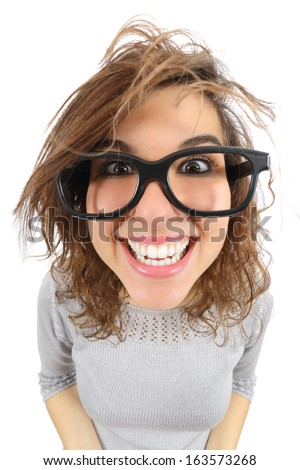 Wide angle view of a geek woman with glasses smiling isolated on a white background          