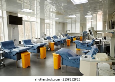 Wide Angle View Of Modern Blood Donation Center With Chairs And Machines, Copy Space