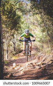 Wide angle view of a mountain biker speeding downhill on a mountain bike track in the woods - Shutterstock ID 1009665007
