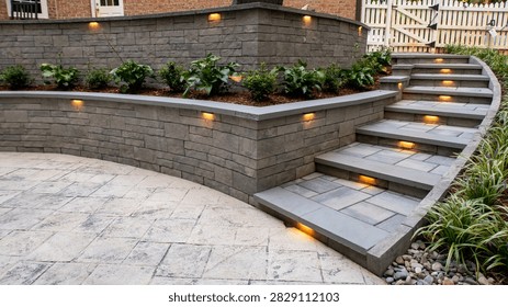 Wide angle view of a multi level stone patio featuring curved retaining walls, integrated garden planters, and illuminated step risers. Warm LED fixtures highlight gray stone masonry in a landscaped backyard setting.