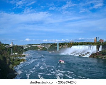 Wide Angle View Of The Niagara River, With American Falls And Rainbow Bridge