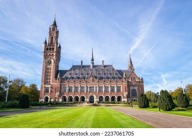 Wide angle view of the Peace Palace (Dutch: 'Vredespaleis') in the city of The Hague. An administrative building international law where various legal organisations are housed. - Powered by Shutterstock