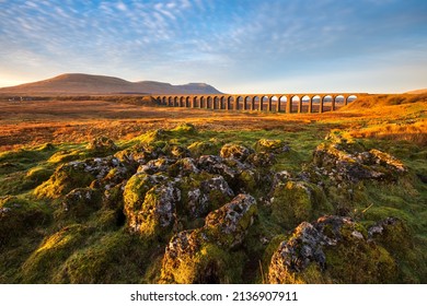 Wide Angle View Of Ribblehead Viaduct On A Beautiful Sunny Morning. Yorkshire Dales National Park, UK.