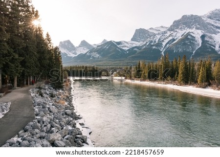 Wide angle view of snowy mountains in Canmore, Alberta