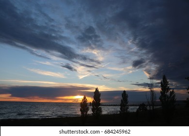 Wide Angle View Of South Haven, Mi, Sunset With Lighthouse.
