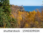 Wide angle view of Split Rock Lighthouse in Minnesota on Lake Superior in the fall season