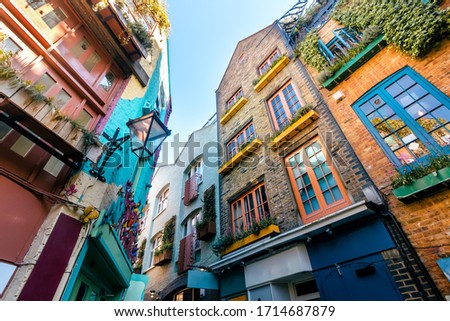 Wide Angle View of Traditional Colourful Houses under Morning Blue Skies in Covent Garden, London, UK