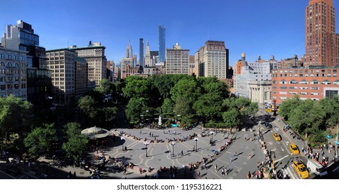 Wide Angle View Of Union Square Park On East 14th Street In NYC.