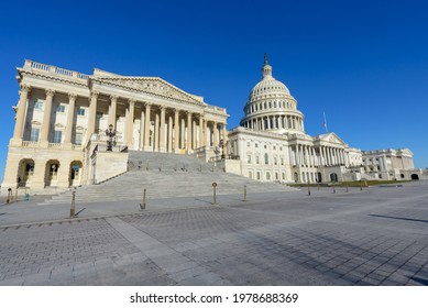 Wide Angle View Of United States Capitol  Building Under Blue Sky, Washington DC