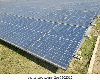 Wide array of blue solar panels installed on the ground, capturing sunlight to generate clean, renewable energy in an open outdoor setting