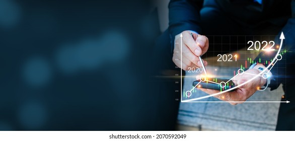 Wide Banner. Businessman Investor In Suit Using Stylus Pen On Mobile Phone With Virtual Graphic Graph Chart Diagram, Internet Online, Stock Market Trade, Business Finance, Digital Technology Concept