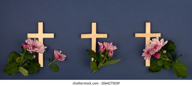 Wide Banner With Flowers And Wooden Cross For All Souls Day. Also Suitable For Funeral, Mourning, Grief.