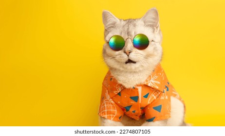 Wide banner of portrait of meowing white British cat wearing sunglasses and shirt in summer concept on yellow background in studio.Close up. Copy space - Shutterstock ID 2274807105