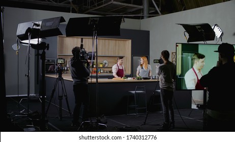 WIDE Behind The Scenes Of Studio Set, Shooting TV Television Cooking Show Featuring Celebrity Chef, Professional TV Production