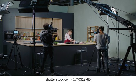 WIDE Behind The Scenes Of Studio Set, Shooting TV Television Cooking Show Featuring Celebrity Chef, Professional TV Production