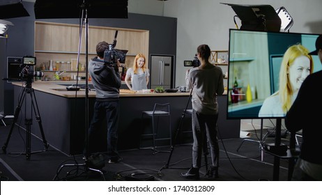 WIDE Behind The Scenes Of Studio Set, Shooting TV Television Cooking Show Featuring Celebrity Chef, Professional TV Production